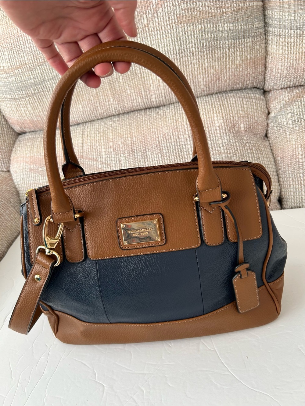 Tignanello Est. 1989 Brown Navy Leather Handbag Plus Shoulder Bag Gold Hardwar